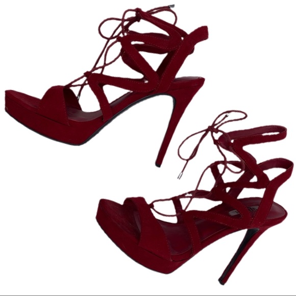 GUESSE Sexy Red Velvet Lace Up High Top Stilettos - Picture 1 of 7